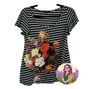 Y2K Forever 21 Navy White Striped Floral Graphic Tee Modal Soft Casual Medium